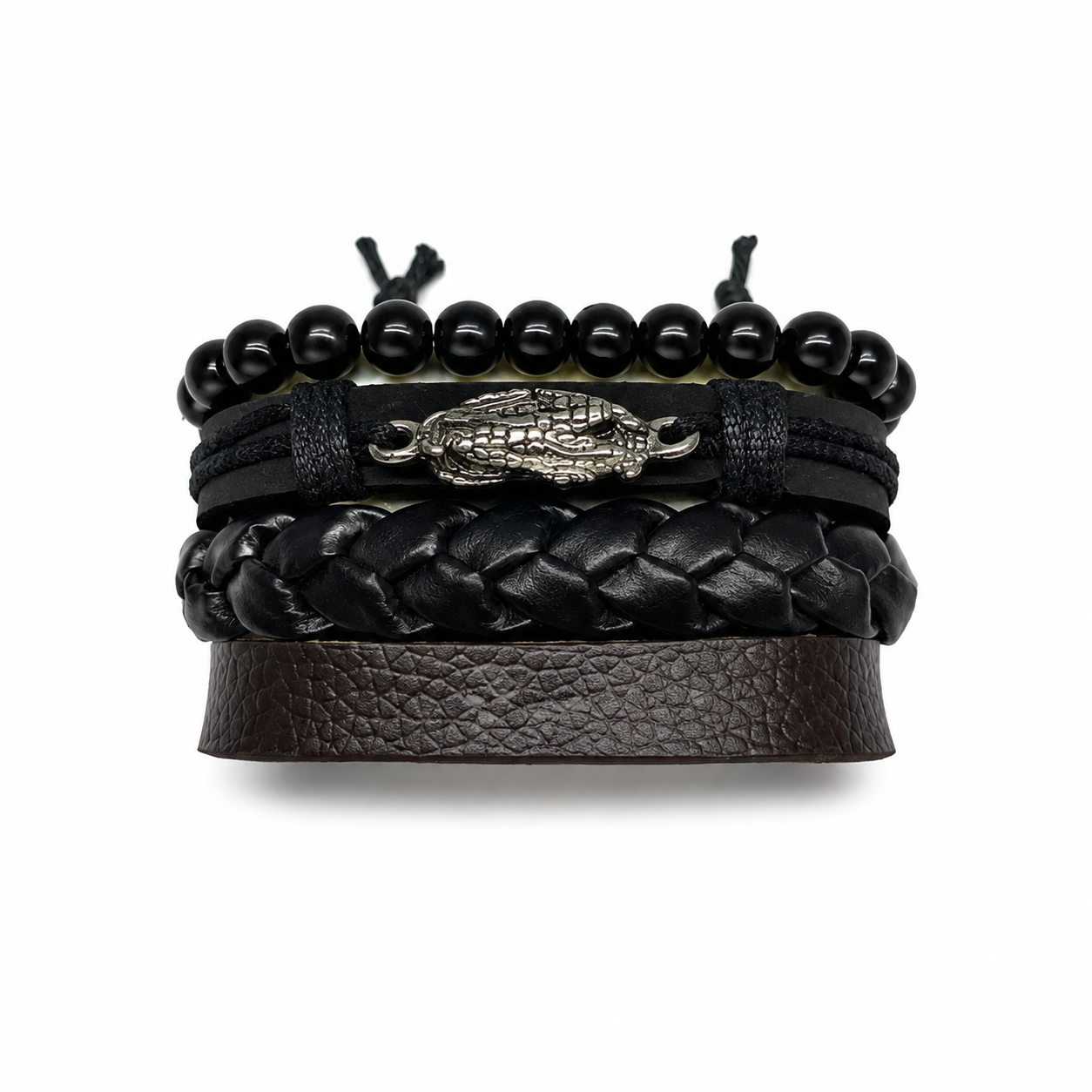 Men’s Black & Brown Leather Bracelet Stack – 4-Piece Beaded & Braided Set