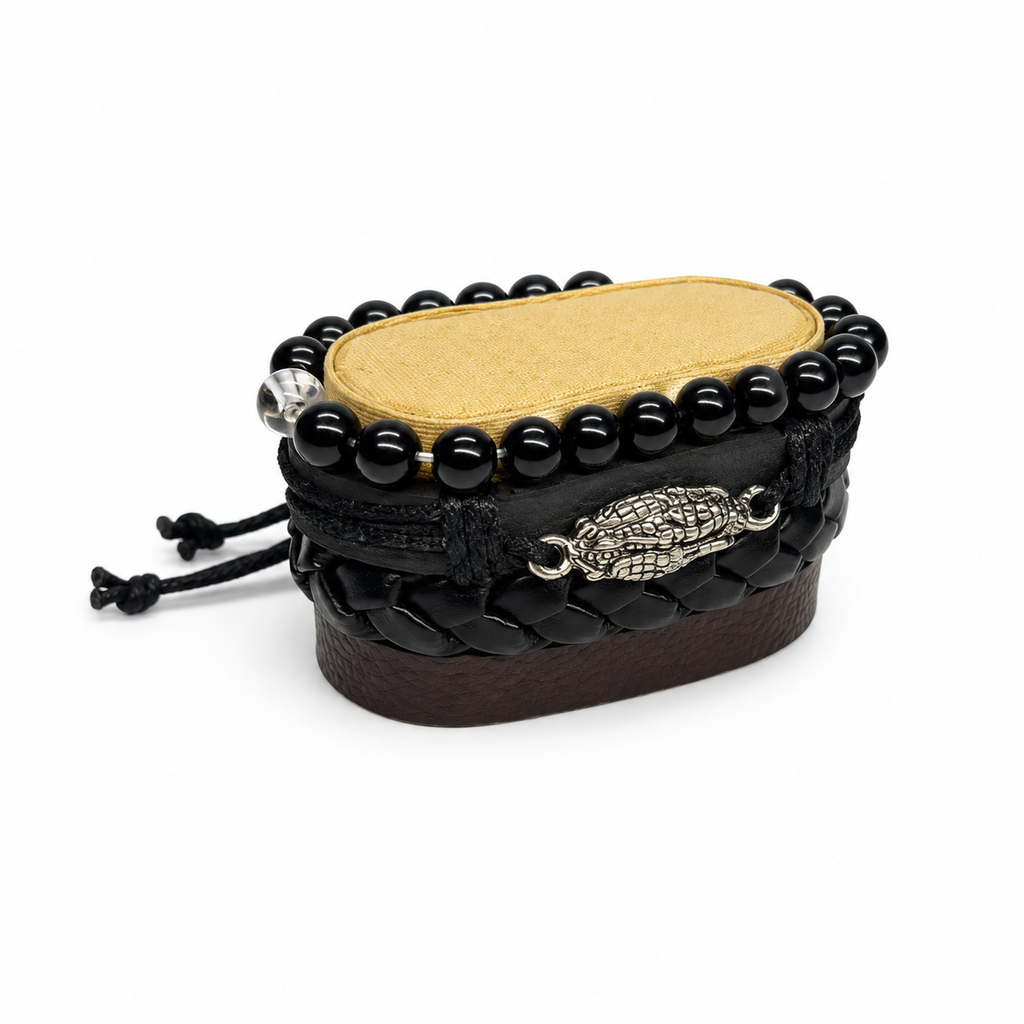 Men’s Black & Brown Leather Bracelet Stack – 4-Piece Beaded & Braided Set