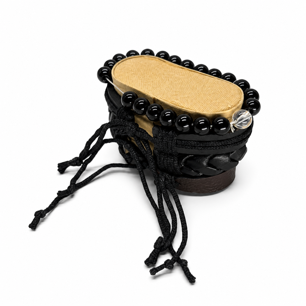 Men’s Black & Brown Leather Bracelet Stack – 4-Piece Beaded & Braided Set