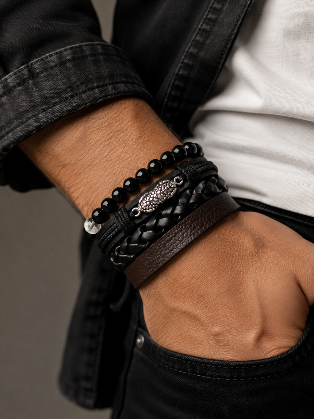 Men’s Black & Brown Leather Bracelet Stack – 4-Piece Beaded & Braided Set