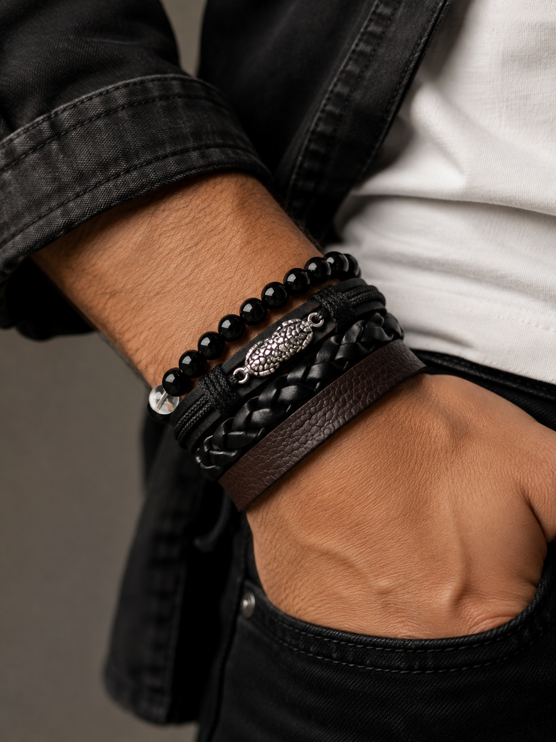 Men’s Black & Brown Leather Bracelet Stack – 4-Piece Beaded & Braided Set