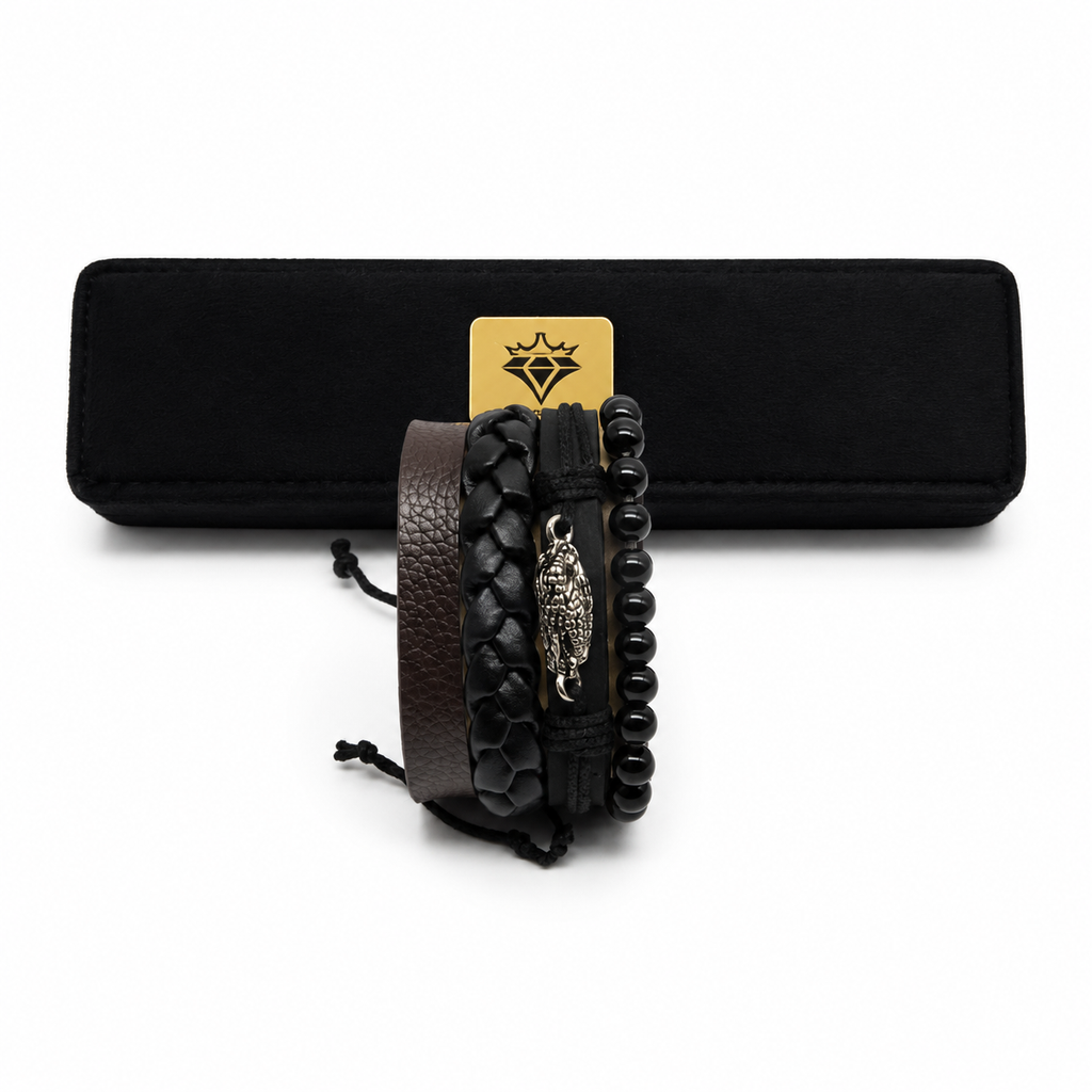 Men’s Black & Brown Leather Bracelet Stack – 4-Piece Beaded & Braided Set
