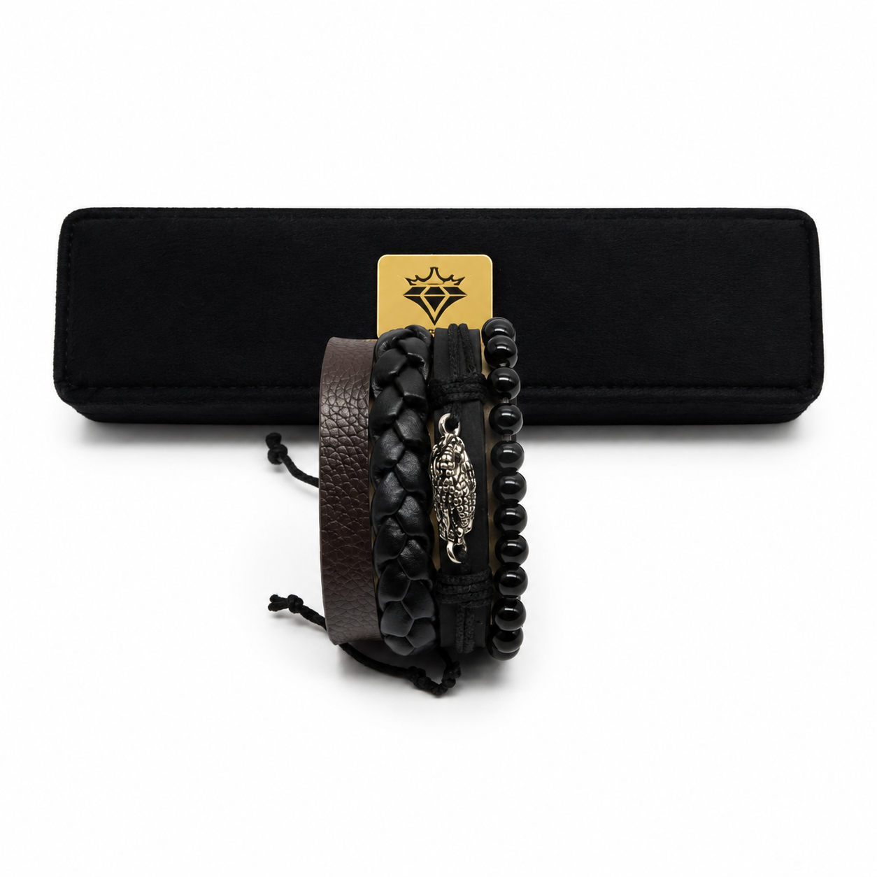 Men’s Black & Brown Leather Bracelet Stack – 4-Piece Beaded & Braided Set